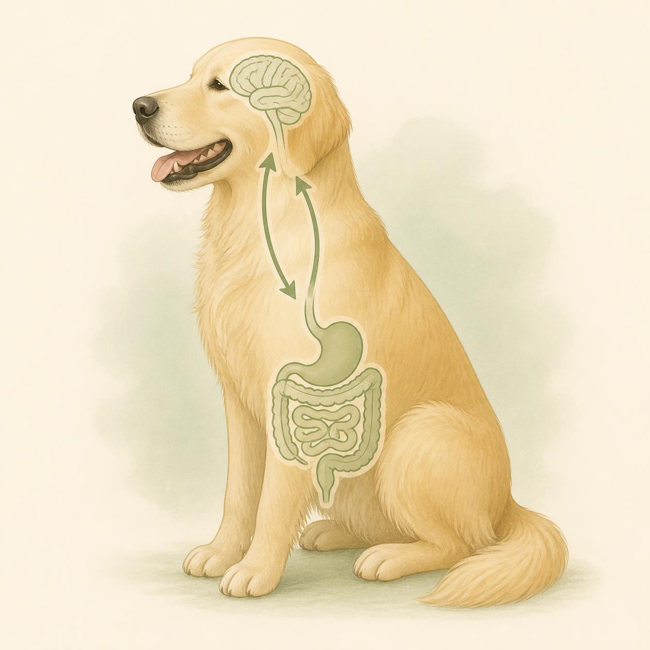 Illustration showing the gut-brain axis in dogs — brain and digestive system connected by two-way arrows